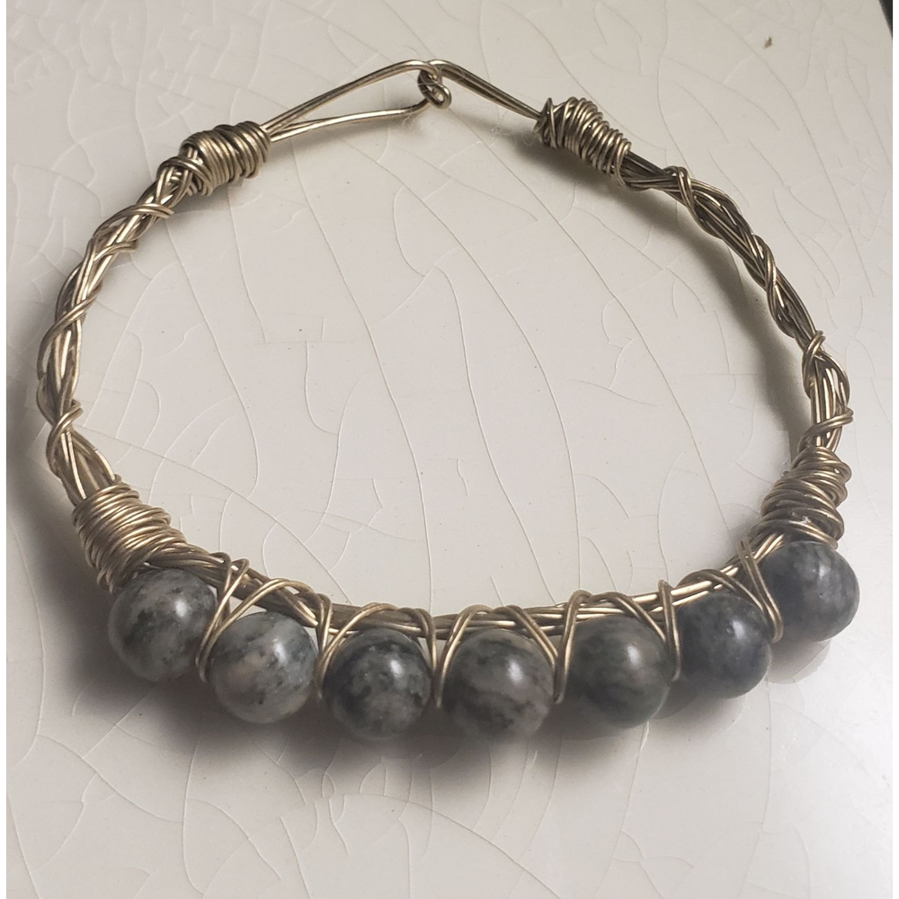 Copper/Bronze wire wrapped gray gemstone bracelet